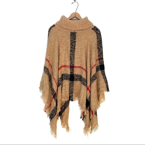 Plaid Turtleneck Fringe Poncho Knited Sweater - Picture 1 of 7
